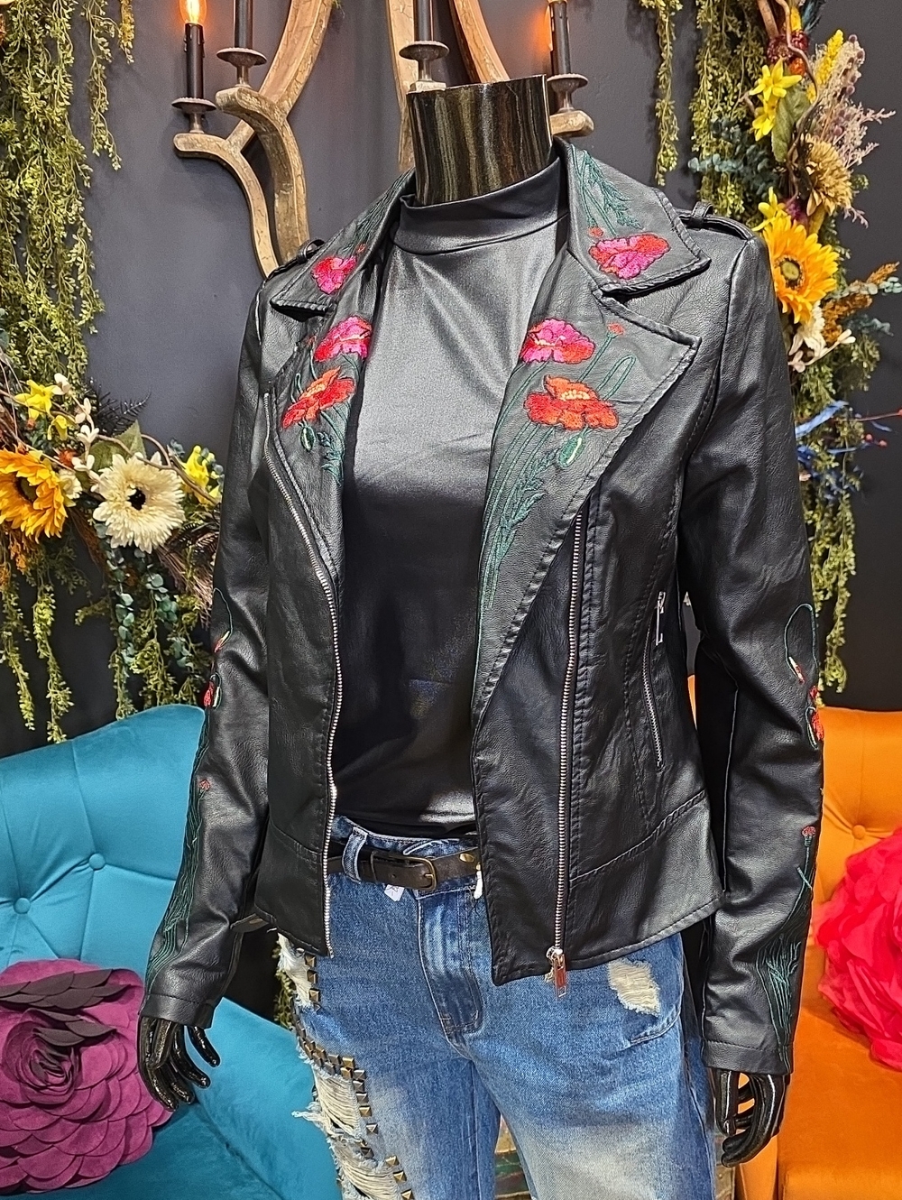 Groovy Monkey Black Moto Jacket with Colorful Floral Embroidery